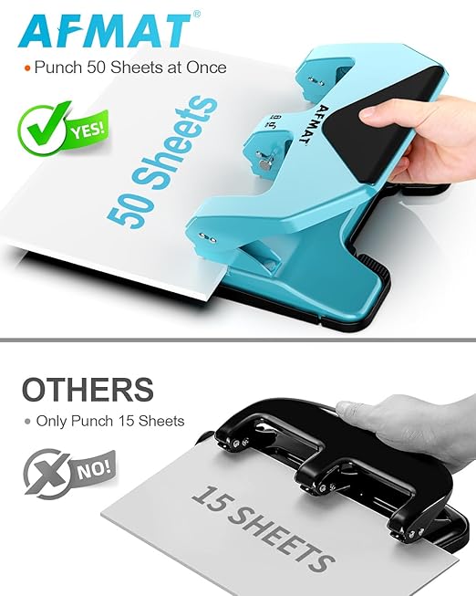AFMAT 3 Hole Punch Heavy Duty, 50-Sheet Three Hole Punch, 50% Reduced Effort, 10,000+ Uses, 9/32" Holes, S.S. Paper Guide, 3 Hole Puncher for Binder, Metal Hole Puncher for Home Office School HP20