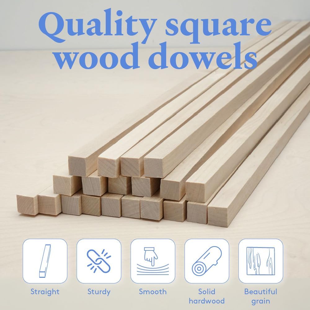 DIY Wooden Square Dowel Rod 3/8-inch x 24 Pack of 10 Hobby Wood Sticks for Crafts, Wood Trim & Architecture Model Making, by Woodpeckers