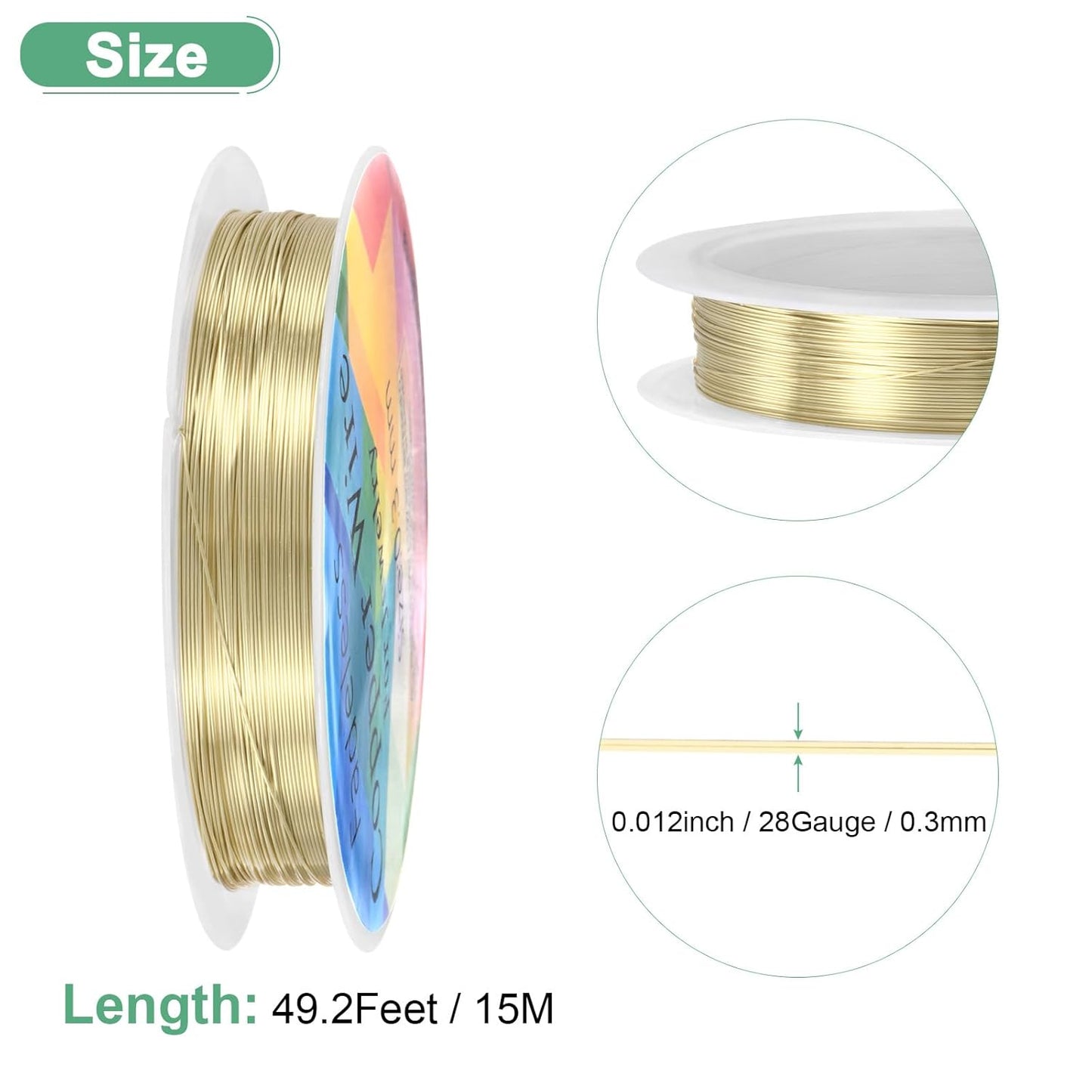 0.3 mm/28 Gauge Copper Wire for Jewelry Making, 49.2FT Copper Beading Craft Wire for Jewelry/Weaving/DIY Crafting/Planting, Color-Retaining [15M, Light Golden]