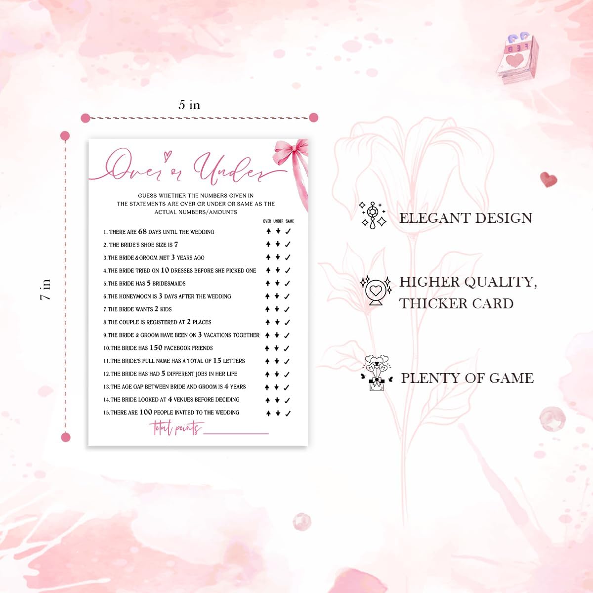 Bridal Shower Games Cards, Guess Over or Under, Bridal Shower Games 25 Guests, Engagement Party Wedding Games for Guests, Pink Ribbon Bow Wedding Party Supplies - E13