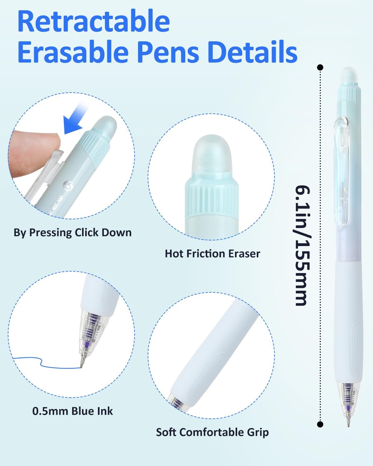 Solati Erasable Pens, 6 Pack Fine Point 0.5mm Black Erasable Gel Pens with 360°Rotating Erasers, Make Mistakes Disappear, Comfort Grip for Drawing, Writing, Planning, and Crossword Puzzles (Blue Ink)