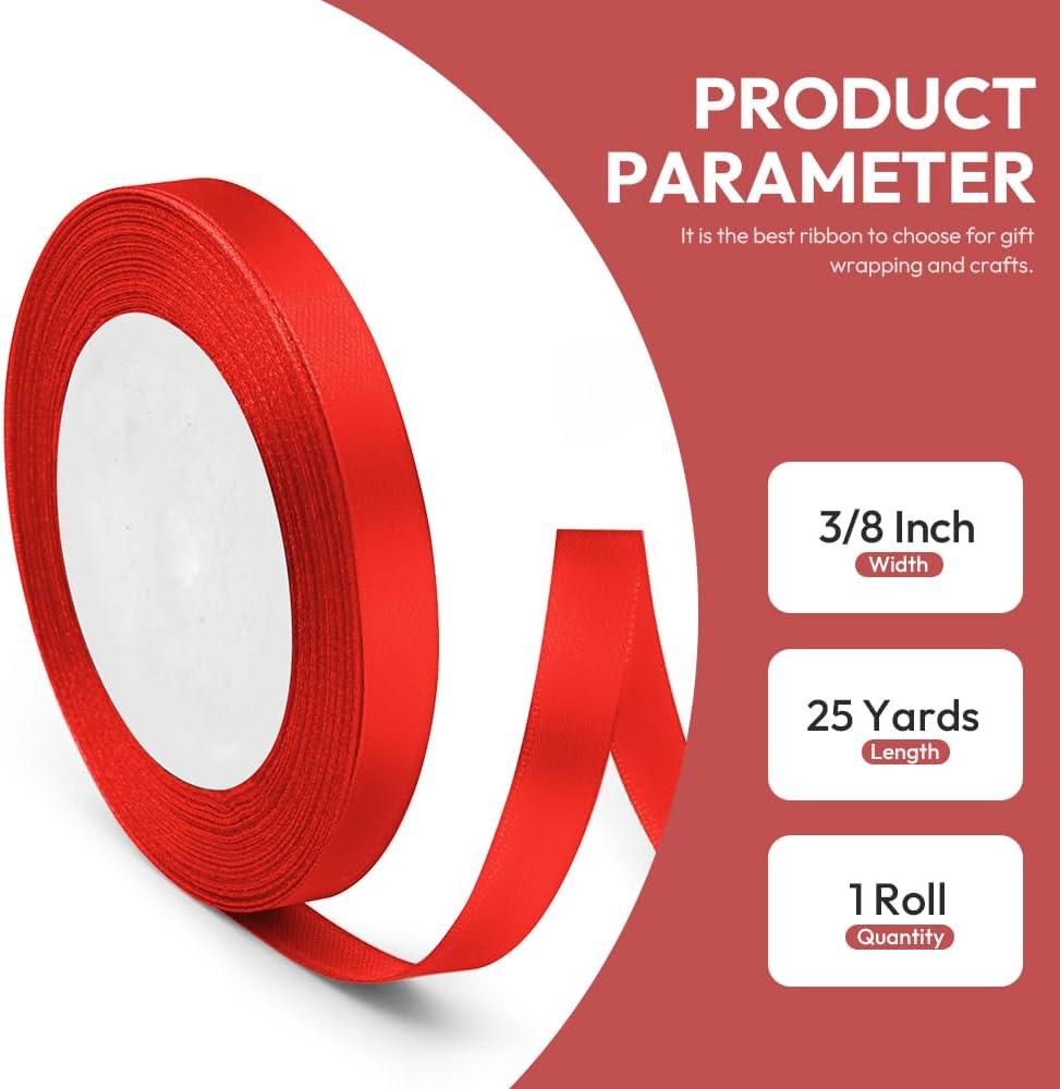 3/8" x 25 Yards Satin Ribbon, Red Silk Ribbon Ideal for Gift Wrapping, Floral Bouquets, Crafts, Wedding Party Decorations, Christmas and Sewing Projects