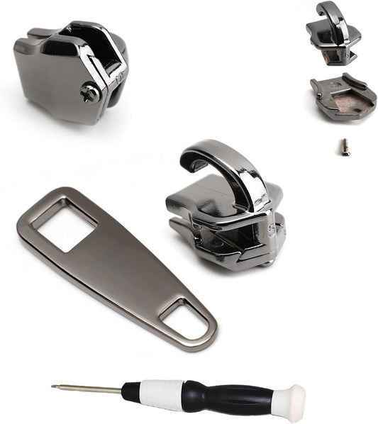 AKTIOIN Metal Zipper Repair Kit for Jackets, Luggage, Bags, Backpack, No Sewing Required Detachable Zip Heads Zipper Pull Replacement (Black, #8)