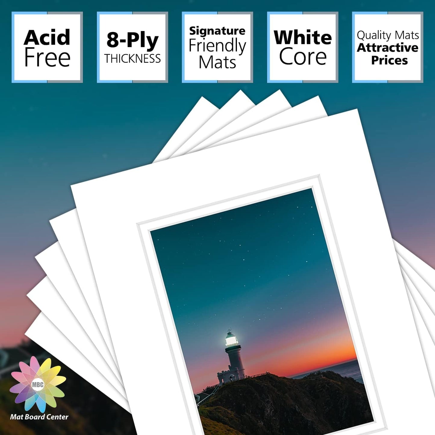 Mat Board Center, Double Mat - Acid Free, 8-ply Thickness, White Core - for Pictures, Photos, Framing (White Over White, 8x10 for 5x7, Pack of 5)