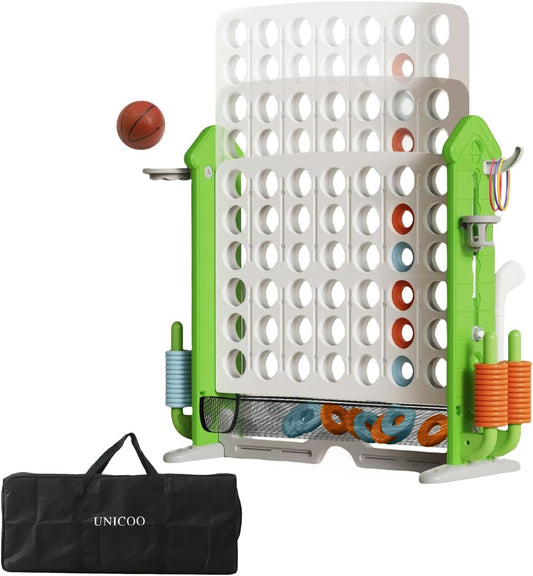 UNICOO Giant 4 in A Row Game with Carry Bag, Basketball Hoop, Ring Toss Game, 4-to-Score Game | Large Outdoor Yard Game, Parties & Gatherings Games