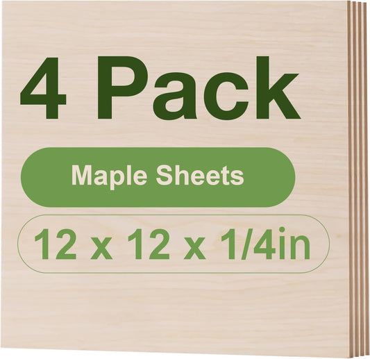 4 Pack Maple Plywood Sheets, 12 x 12 x 1/4 Inch, 6mm Plywood for Laser Cutting, Thin Unfinished Wood Sheets for Architectural Models, Wood Burning and DIY Crafts