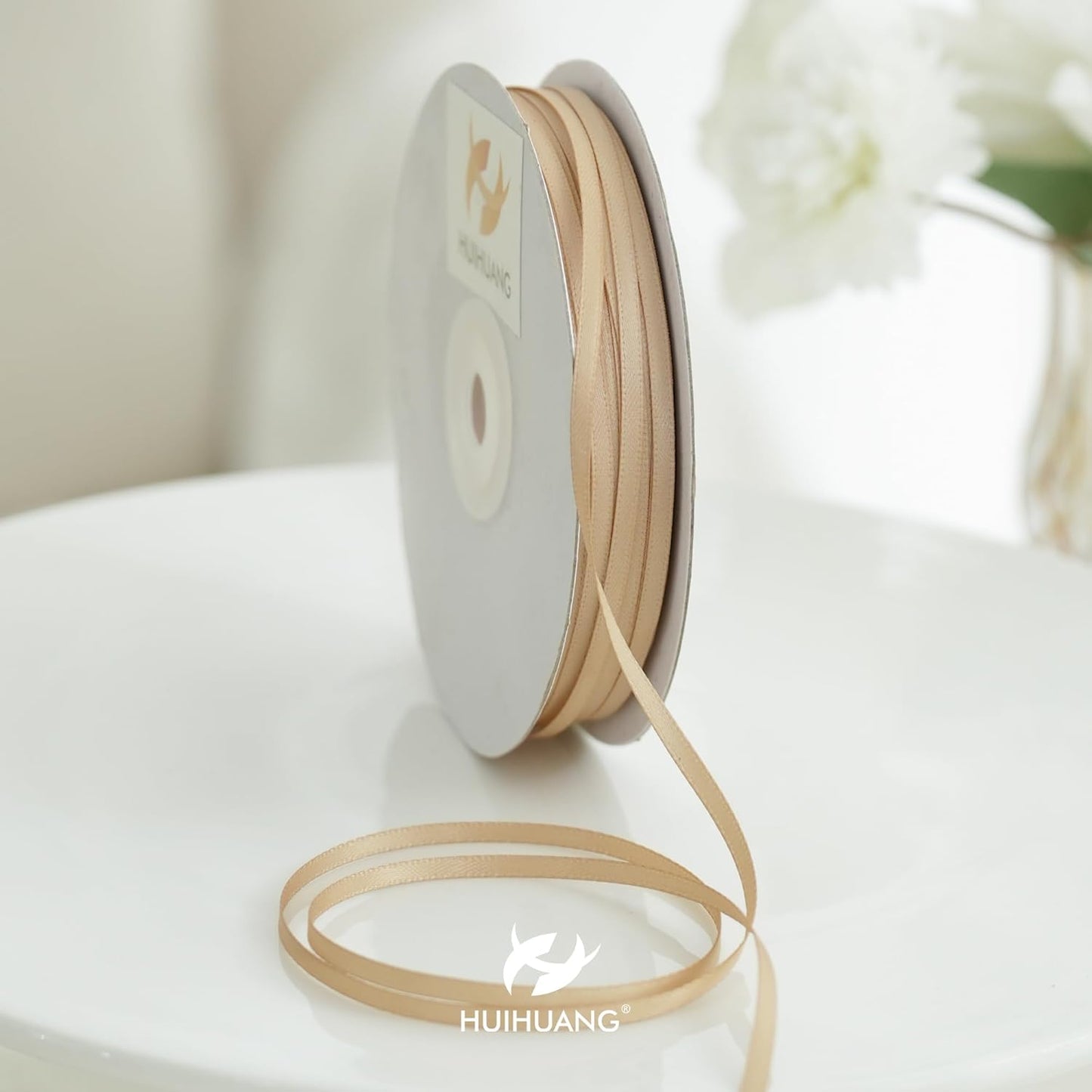 HUIHUANG Champagne Satin Ribbon 1/8 inch x Continuous 100 Yards Roll Tan Color Double Face Ribbon for Crafts, Wedding Invitation Card, Gift Wrapping, Christmas Ornaments, Gift Tag