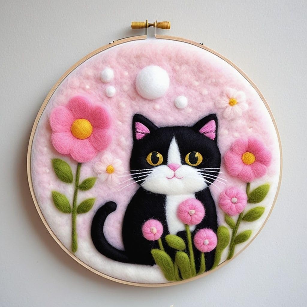 yesJRL Needle Felting Kits Beginners, Natural Landscape DIY Wool Needle Felting Starter Kit, Floral Needle Felt Set with Foam Pad, Felt Cloth and Instructions, Used for Home Decoration (Pink)