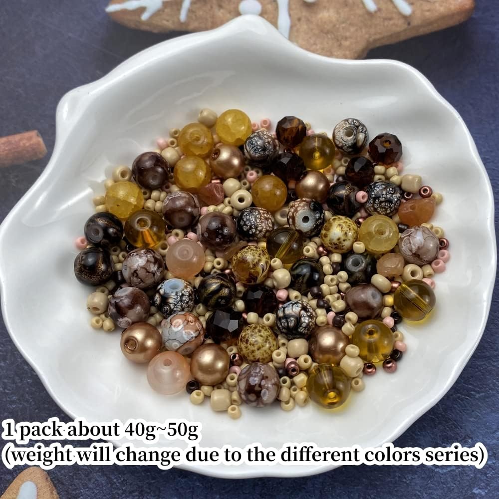 Assorted Glass Resin Beads Multi Size Colors Smooth Cracked Gravel Millet Spacer Beads for Bracelets Necklace Earring DIY Jewelry Making Craft(Light Brown Series)