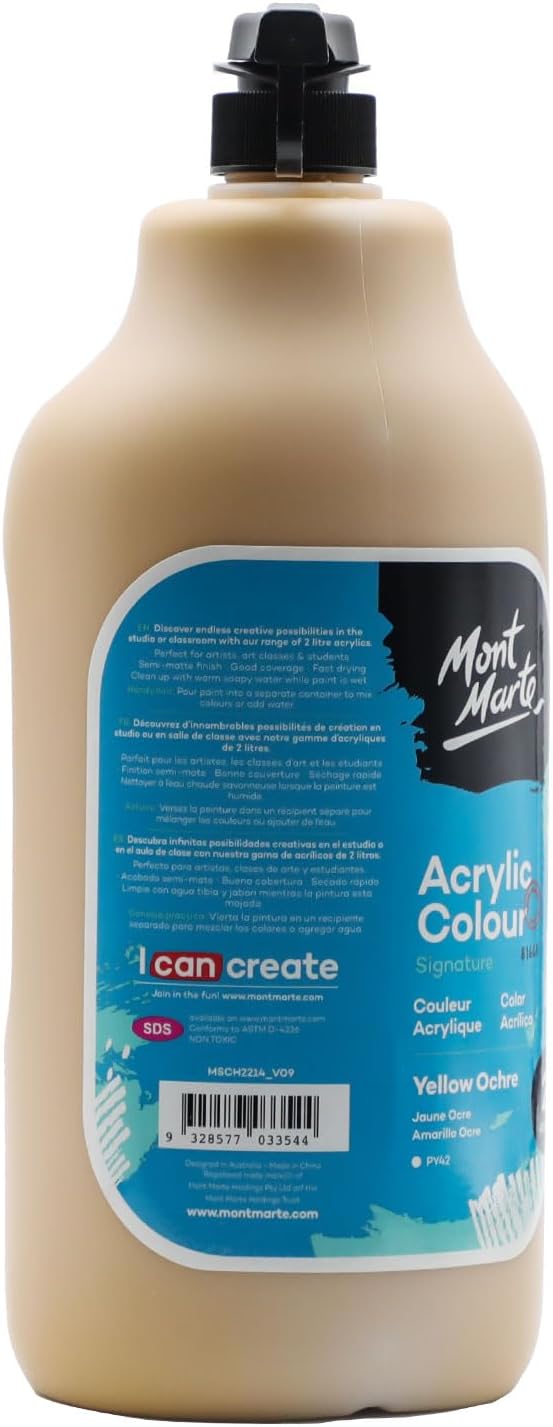 Mont Marte Discovery School Acrylic, Yellow Ochre, 1/2 Gallon (2 Liter). Ideal for Students and Artists. Excellent Coverage and Fast Drying. Pump Lid Included.