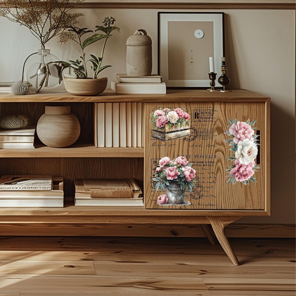 GLOBLELAND 3 Sheets Vintage Pink Peony Background Furniture Transfer 6x12inch Retro Romance Text Rub on Transfer Self-Adhesive Wall Art Decals for Bedroom Living Room Desk Table Decoration