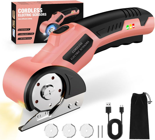 Cordless Electric Scissors: 4V Rechargeable Cardboard Cutter, 3 Blades, Safety Lock & LED Light, Box Cutter for Carton Carpet Plastic Fabric Leather (Pink)