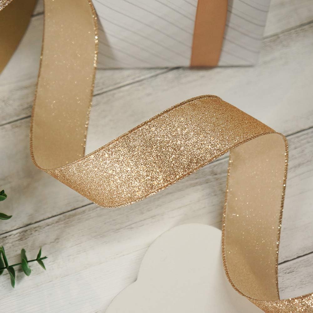 CT CRAFT LLC Glitter Wired Ribbon 1.5" x 10 Yards Gold (Champagne Gold) for Christmas Home Decor Bow Gift Wrapping DIY Crafts Wreath