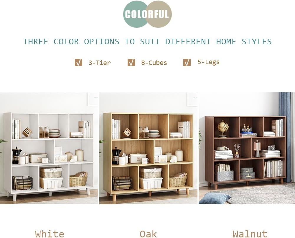 IOTXY Open Cube Low Bookcase - 3-Tier Freestanding Storage Display Cabinet Organizer with Legs for Home Office, 8-Cubes Open Shelf Short Bookshelf, White