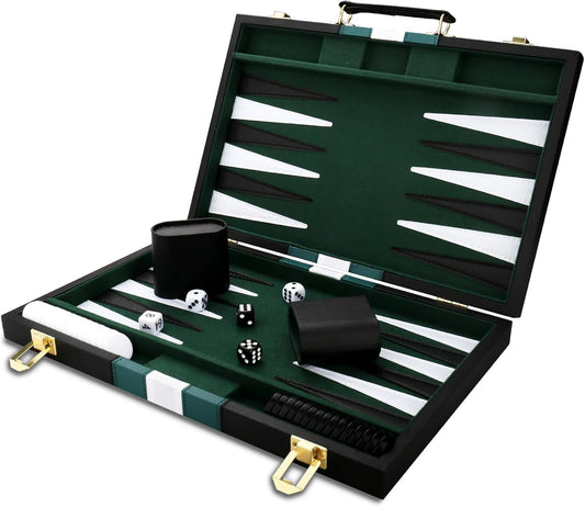 Backgammon Set - Classic Board Game with Premium Leather Case - Portable Travel Strategy Backgammon Game Set for Adults, Kids - Suitable as (15inch, Black)