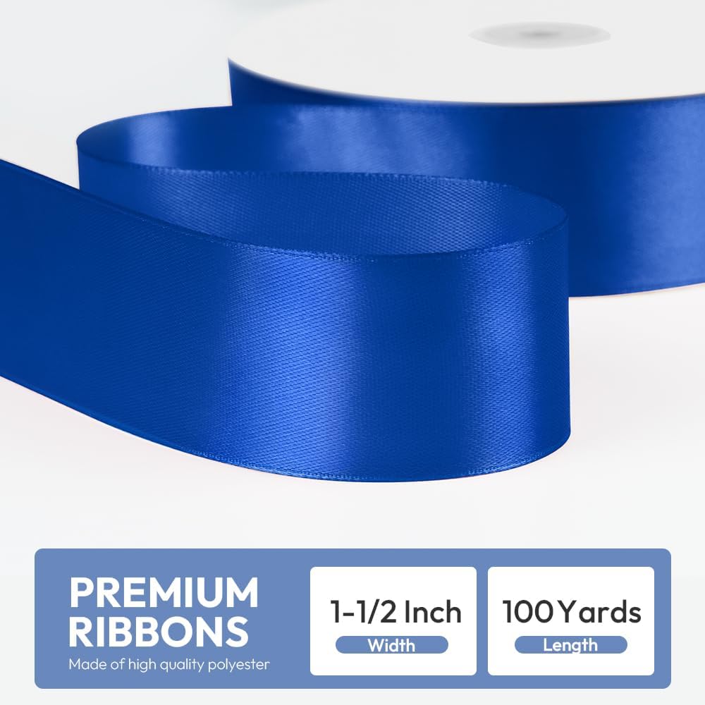 1-1/2" x 100 Yards Satin Ribbon - Wide Silk Royal Blue Ribbon with Spool - Ideal for Gift Wrapping, Floral Bouquets, Crafts, Wedding Party Decorations, Christmas and Sewing Projects