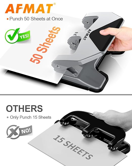 AFMAT 3 Hole Punch Heavy Duty, 50-Sheet Three Hole Punch, 50% Reduced Effort, 10,000+ Uses, 9/32" Holes, S.S. Paper Guide, 3 Hole Puncher for Binder, Metal Hole Puncher for Home Office School HP20