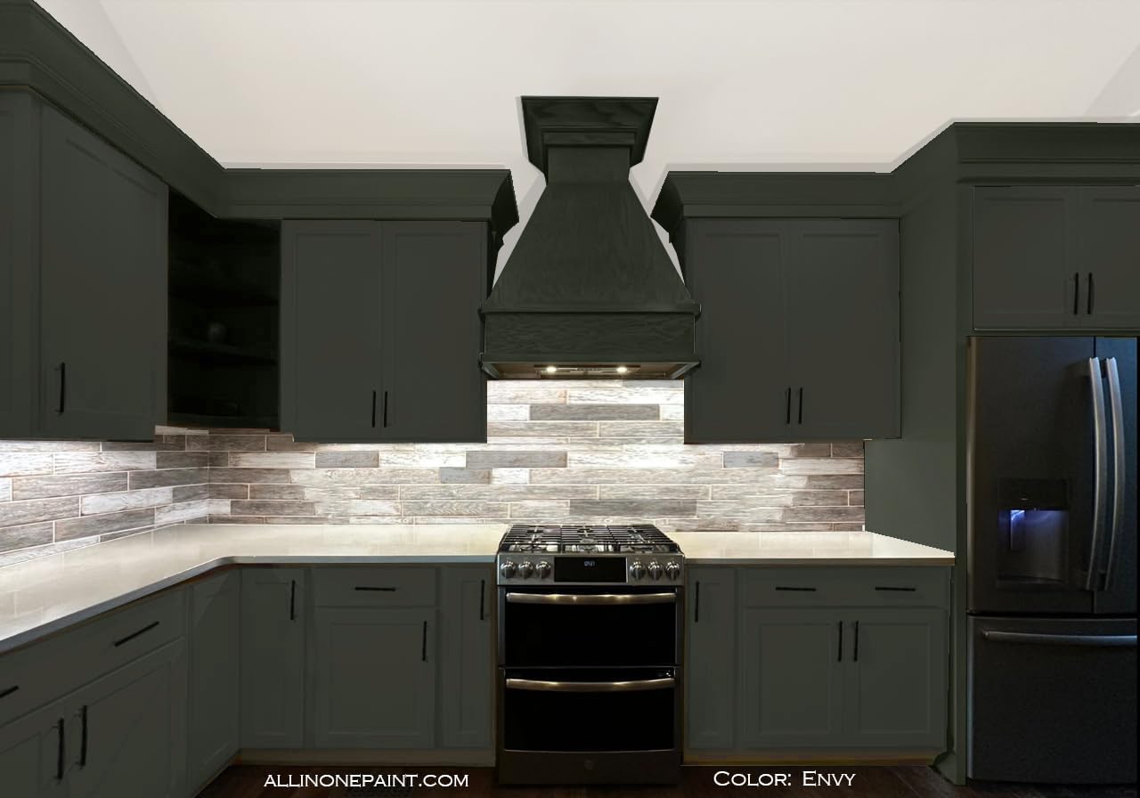 ALL-IN-ONE Paint, Durable cabinet and furniture paint. Built in primer and top coat, no sanding needed. Includes our 30 featured color card - Envy (slate green), 8oz Sample