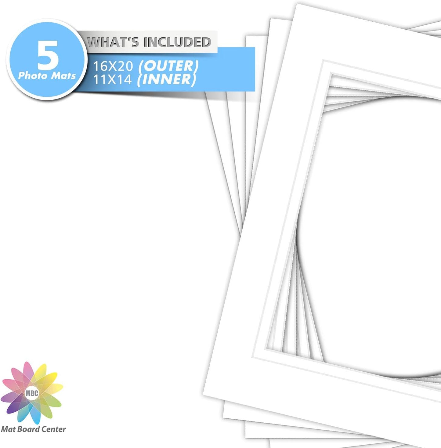 Mat Board Center, Pack of 5, 16x20 for 11x14 Photo Picture Double Mats - Acid Free, 8-ply Thickness, White Core - for Pictures, Photos, Framing (White Over White)
