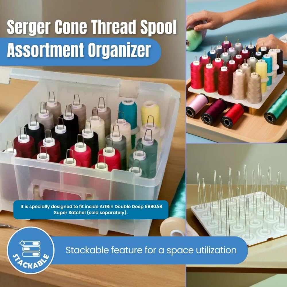 ArtBin 6901AB Cone Thread Tray, Sewing & Embroidery Serger Cone Thread Spool Assortment Organizer, Super Satchel System Accessory, Up To 25 Traditional Spools or Up To 50 Mini Spools, White