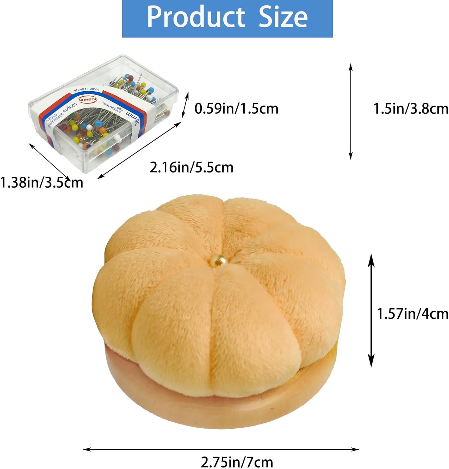 Hilltian Pin Cushion for Sewing, Wooden Base Sewing Pincushion with 100 Plastic Head Pins, Cute Pins Holder for Sewing Quilting, Light Green (Brown)