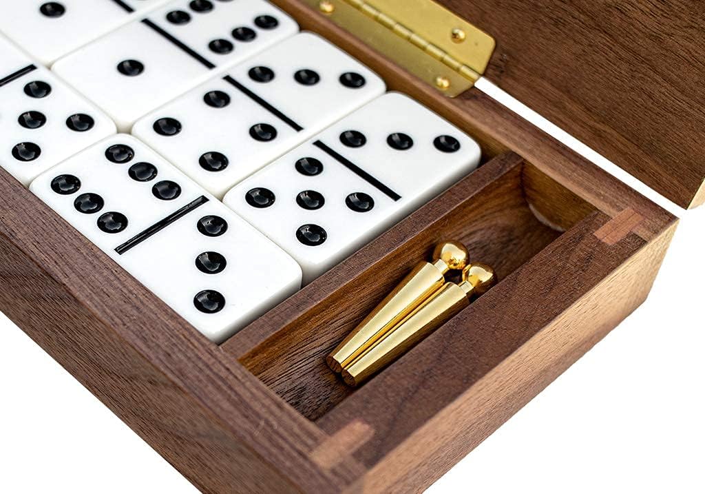 Alex Cramer Le Club' Luxury Domino Set with Handcrafted Walnut Case and Cribbage/Counter Top - Tournament Quality 28 Indestructible (Double 6 Domino Set with Brass Plate)