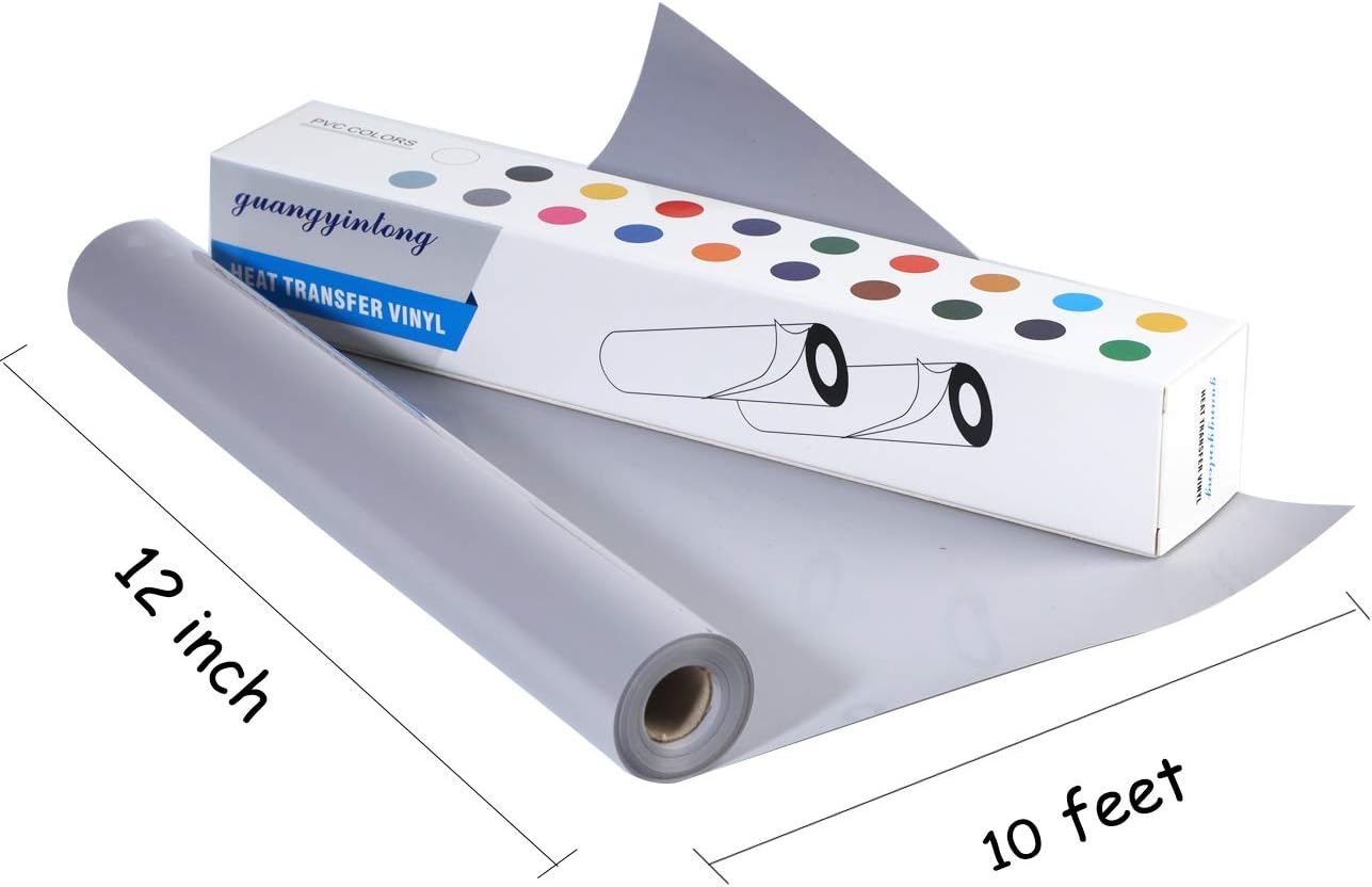 guangyintong Heat Transfer Vinyl Gray HTV Rolls, 12" x 10ft Gray Iron on Vinyl for T-Shirts, Matte Surface HTV Vinyl for All Cutter Machine Easy to Cut & Weed for Heat Vinyl DIY Design