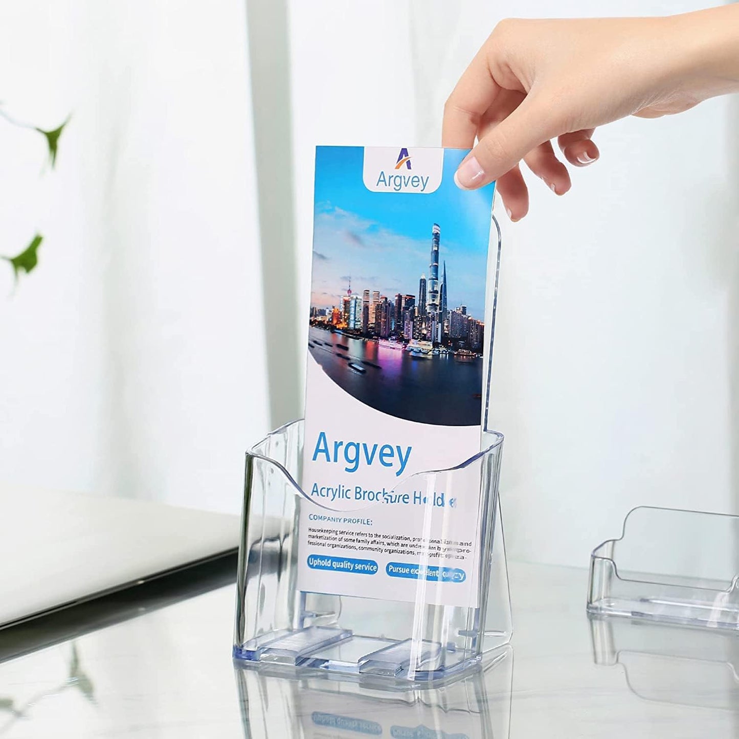 Acrylic Brochure Holder 4x9 Inch, Clear Pamphlet Holder Display Stand for Trifold 4 Inch Flyers, Booklets, Table Signs, Plastic Rack Card Holder for Office, Home, Store, 2 Pack