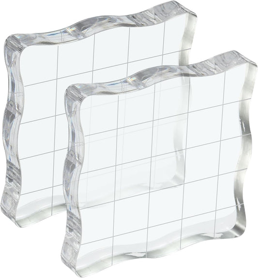 PATIKIL 2" x 2" Acrylic Stamp Block, 2 Pack Clear Stamping Block with Grid Lines Decorative Mounting Blocks Wave for Scrapbooking DIY Crafts Card Making