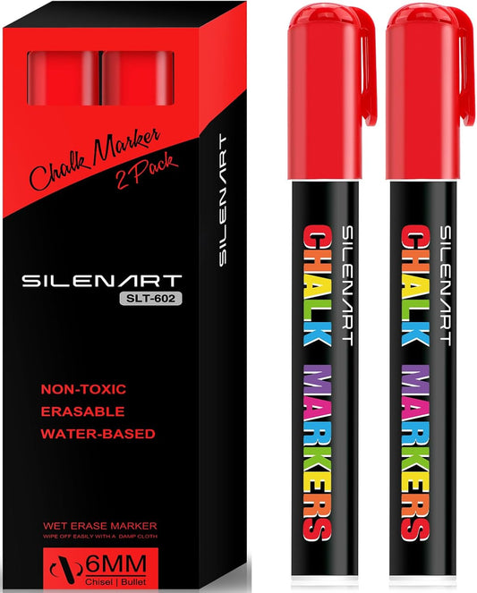 SILENART Red Chalk Markers 2 Pack - Red Dry Erase Markers Pen - Liquid Chalk Markers for Chalkboard, Window, Glass, Mirror, Blackboard