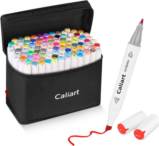 Caliart Markers, 100 Colors Dual Tip Art Markers Sketch Pens Permanent Alcohol Based, with Case for Adult Artist Halloween Drawing Sketching (White Barrel)