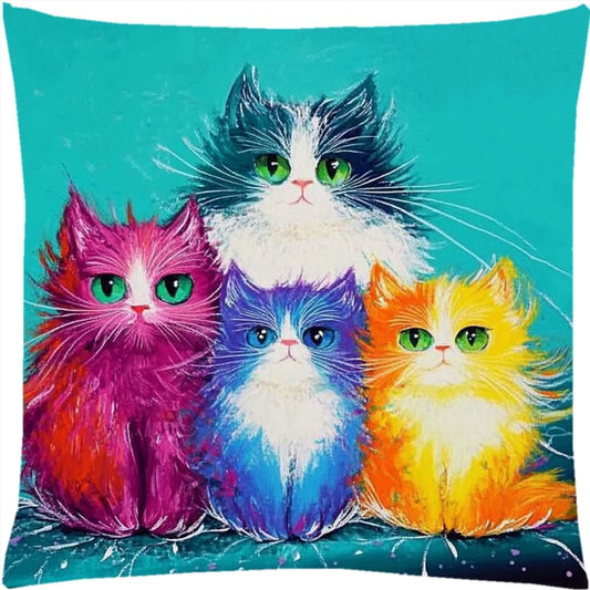Stamped Cross Stitch Kits for Adults Beginners Pillow Needlepoint Kit with Embroidery Pattern Needlework Kit Prestamped Stitches Kit 11CT Cross Stitching-Colorful Cat Family18x18 inch