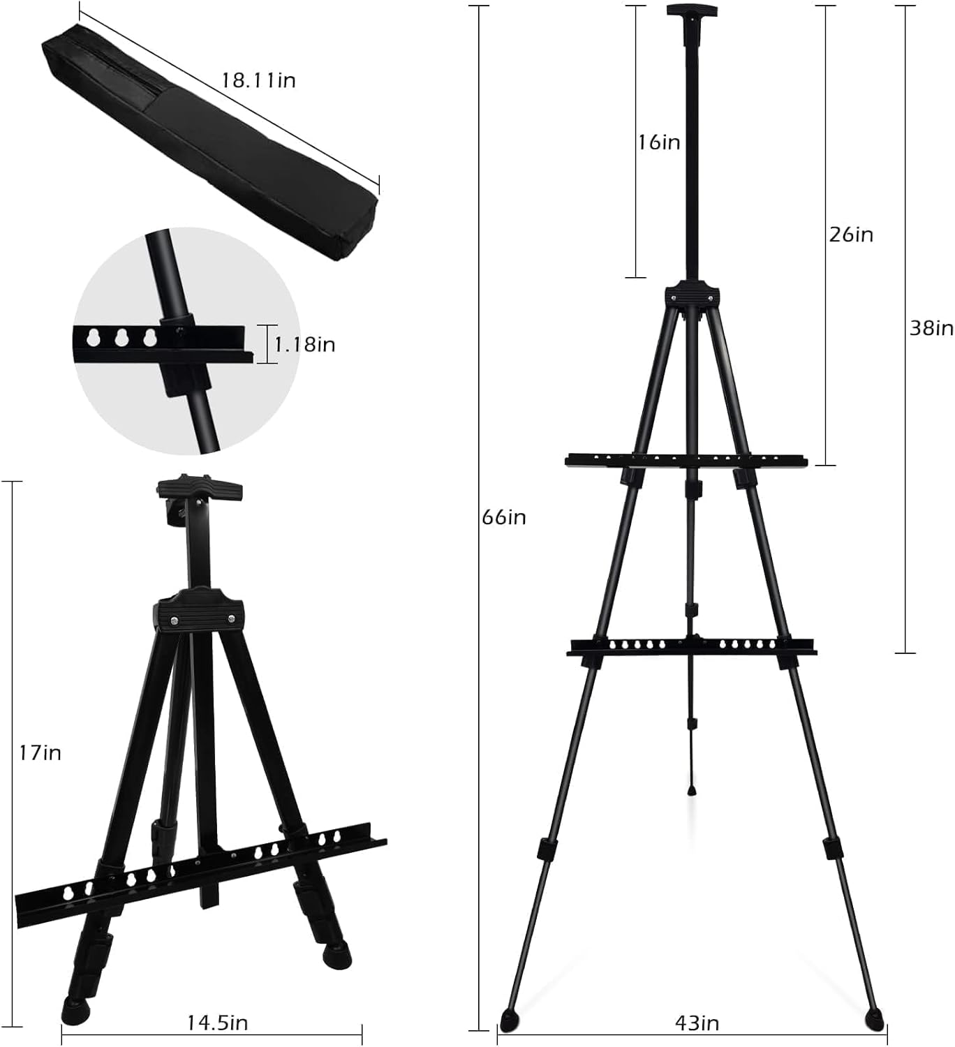 RRFTOK Easel Stand for Sign and Painting - Metal Tripod Adjustable Art Easels for Display Canvases Height from 17 to 66 Inch - Carry Bag for Table-Top/Floor Drawing and Displaying with Black