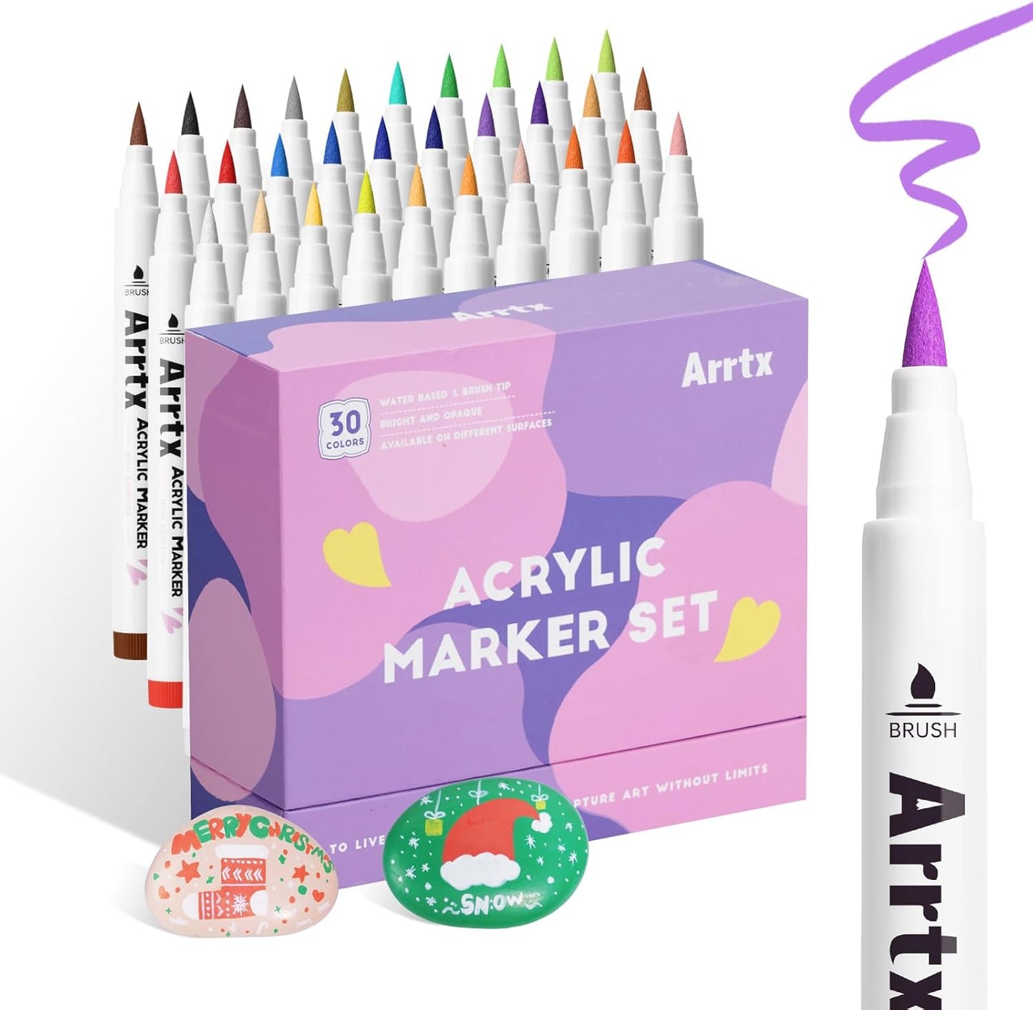 Arrtx 30 Colors Acrylic Paint Pens for Rock Painting, Extra Brush Tip, Water Based Paint Markers for Stone, Glass, Easter Egg, Wood and Fabric Painting-No Toxic,No Odor 30B