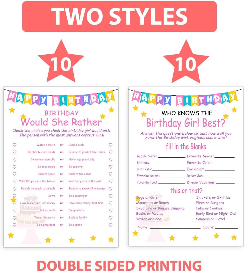 ALodr Girls Birthday Party Set, 20 Birthday Double Sided Cards Set, Girls Birthday Party Activity Notebook Themed Party Activity and Idea - Girl Birthday Supplies, Activity, Decorations