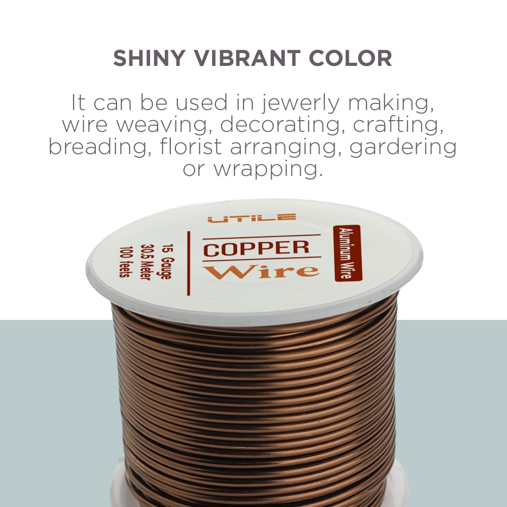 UTILE Bonsai Wire - Armature Aluminum Wire 100 ft 15 Gauge 1.8 mm Bonsai Training Wire, Tree Kit, Plant, Sculpting, Clay, Crafts, Bendable, Gardening, Beading and Jewelry Making (Copper)