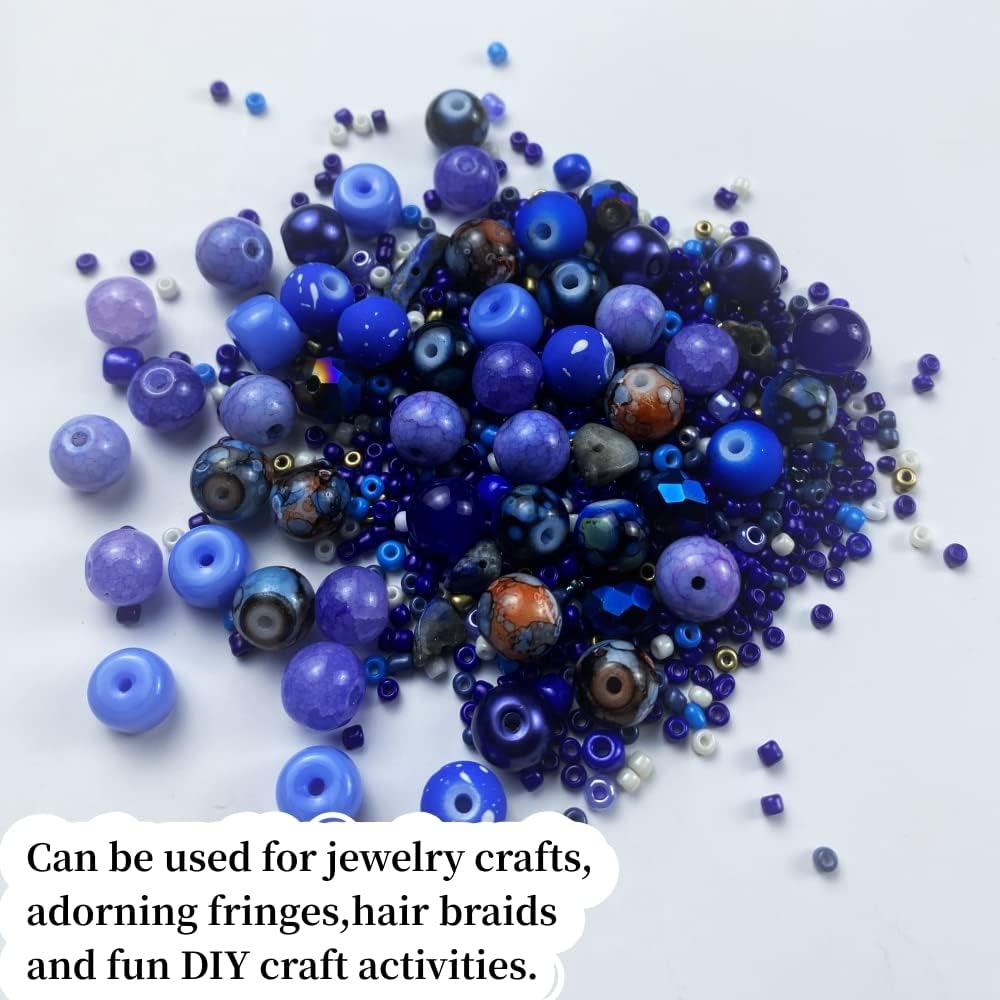 Assorted Glass Resin Beads Multi Size Colors Smooth Cracked Gravel Millet Spacer Beads for Bracelets Necklace Earring DIY Jewelry Making Craft (Deep Blue Series)