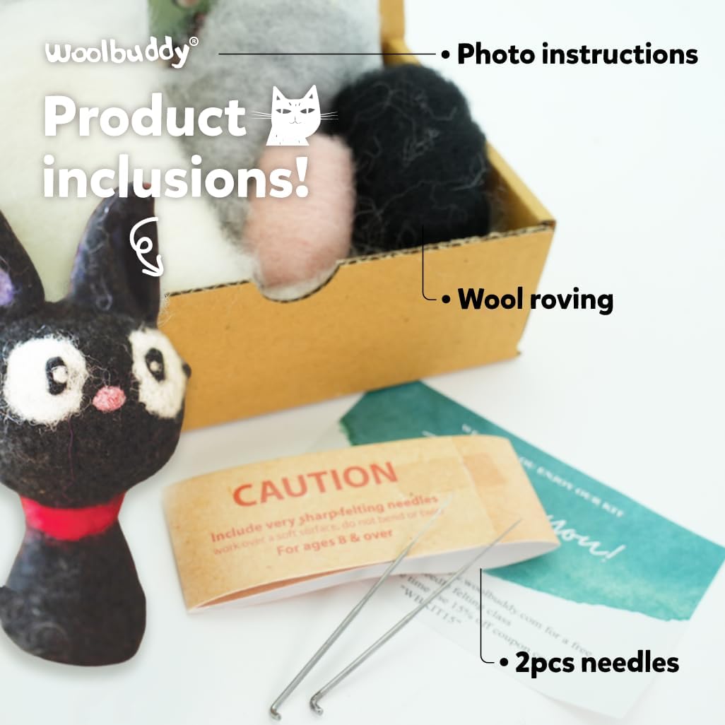 Woolbuddy Needle Felting Kit for Beginners & Adults – DIY Black Cat Animal Craft Kit – Complete Starter Kit with Wool, Needles & Step-by-Step Instructions