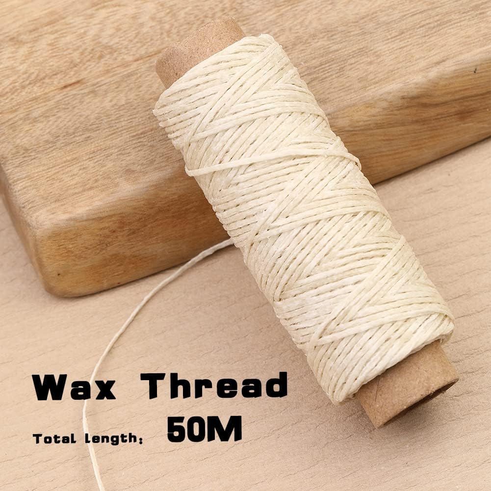Ftyiwu Waxed Thread, Upholstery Needle and Thread 55 Yards 150D Flat Leather Sewing with 7PCS Hand Sewing Needles for Home Upholstery Carpet Canvas Repair Leather Sewing (Beige)