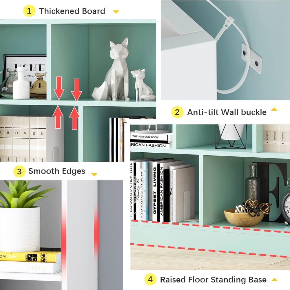 IOTXY Open Shelf Low Bookcase - Wooden 3-Tier Floor Standing Display Cabinet Organizer with Base, 8 Cubes Short Horizontal Bookshelf in Warm White