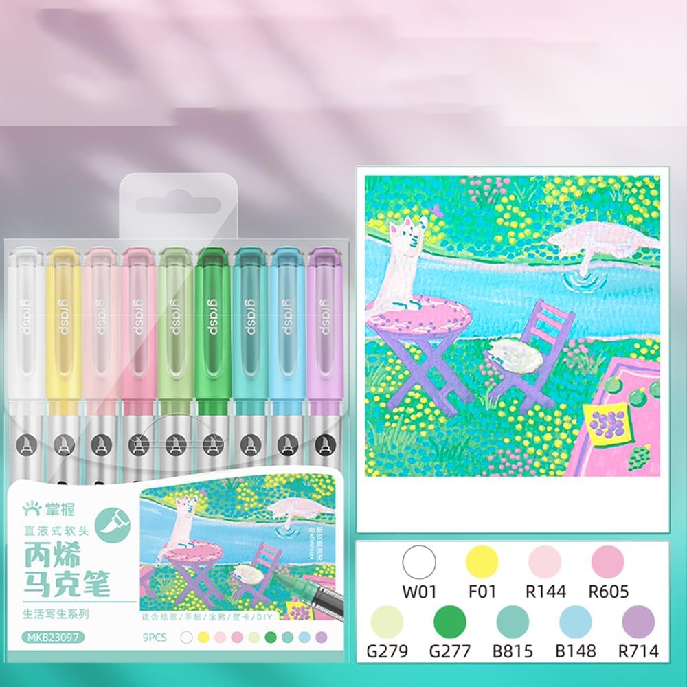 9 Color Acrylic Paint Markers, Brush Tip Acrylic Paint Pens With Visual Ink Window, Fabric Paint Markers for Clothes, Textile - High Coverage on Wood, Glass, Rock - DIY Art Supplies for Kids, Adults