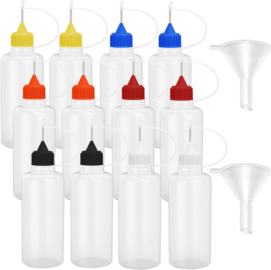 12 Pcs 4 Ounce Needle Tip Glue Bottle 120ml Plastic Dropper Bottles Multicolor Lid with 2 Pcs Mini Funnel for Small Gluing Projects, Paper Quilling DIY Craft, Acrylic Painting