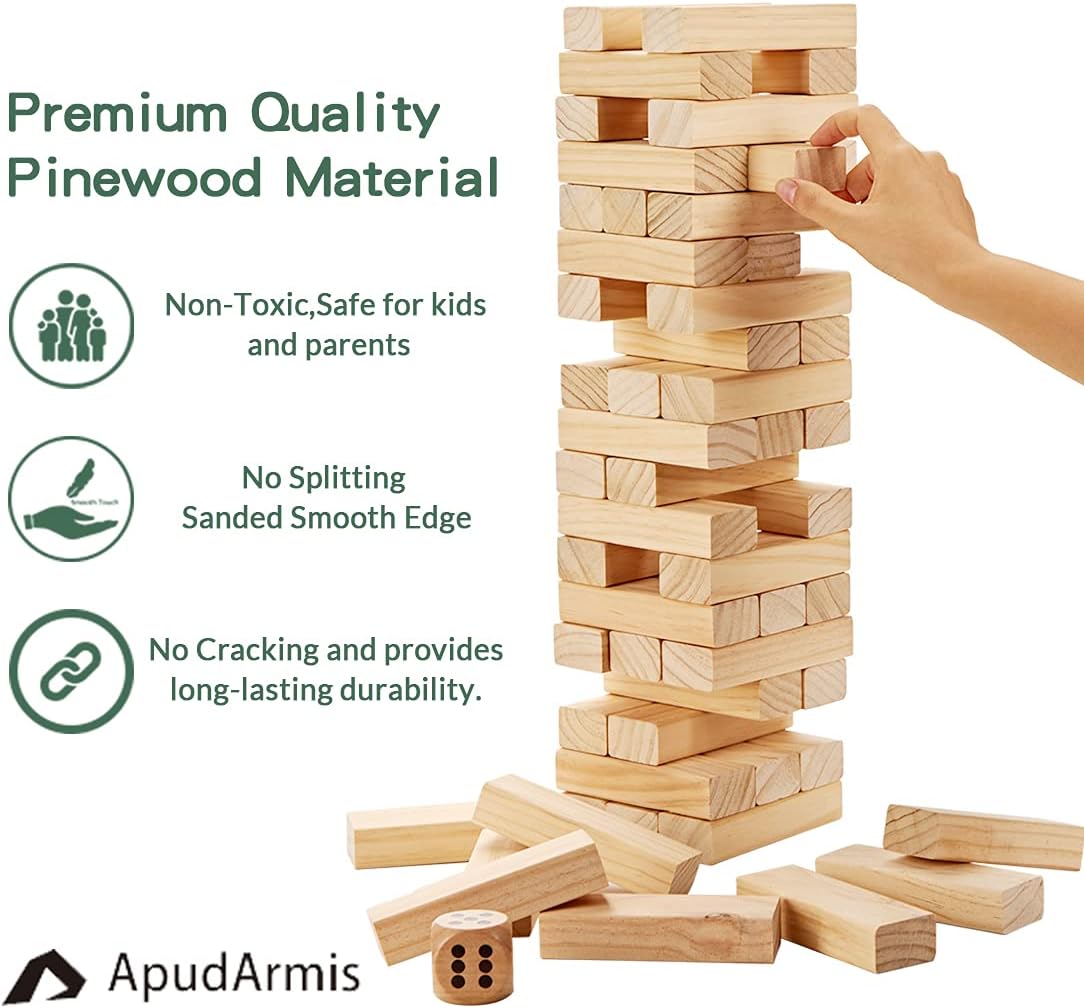 ApudArmis 54 PCS Tumble Timber Set [Up to 3.2FT], Pine Wooden Tumble Tower Game with Dice and Scoreboard Set - Classic Block Stacking Board Game for Teens Adults