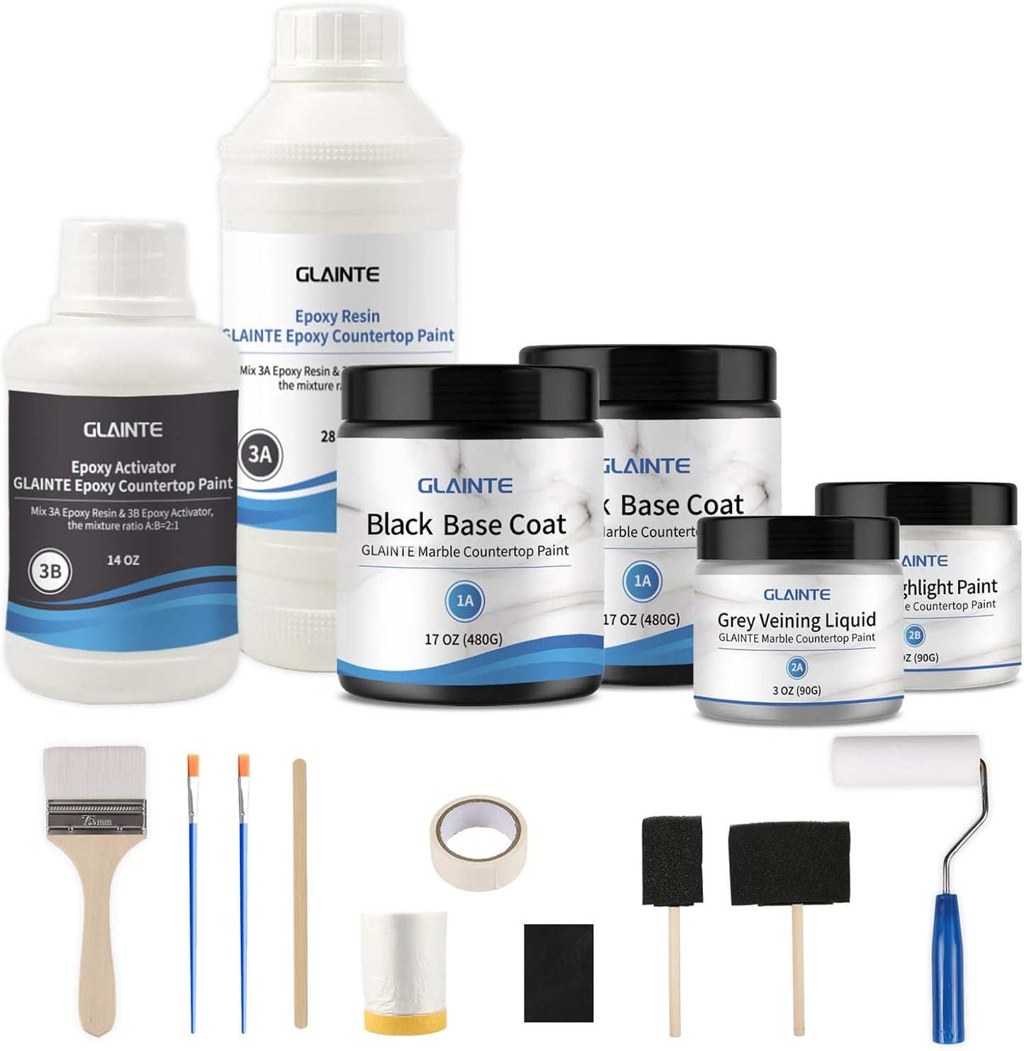 GLAINTE Black Marble Countertop Paint Kit Epoxy Countertop Refinishing Paint Kit, Kitchen Bathroom Coating For Marble, Granite, Formica, Laminate Cover 38 Sq.Ft