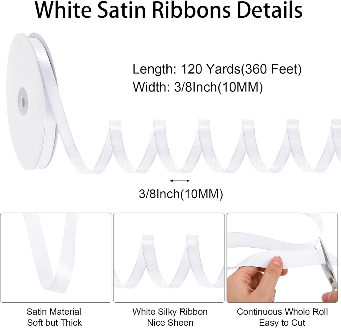 White Ribbon 3/8 Inch 120 Yards Thin Ribbon White Satin Ribbons for Hair Gift Wrapping Bow Making Gift Bags Jewelry Beaded String Balloon Sewing Cards DIY Crafts Christmas Decorations