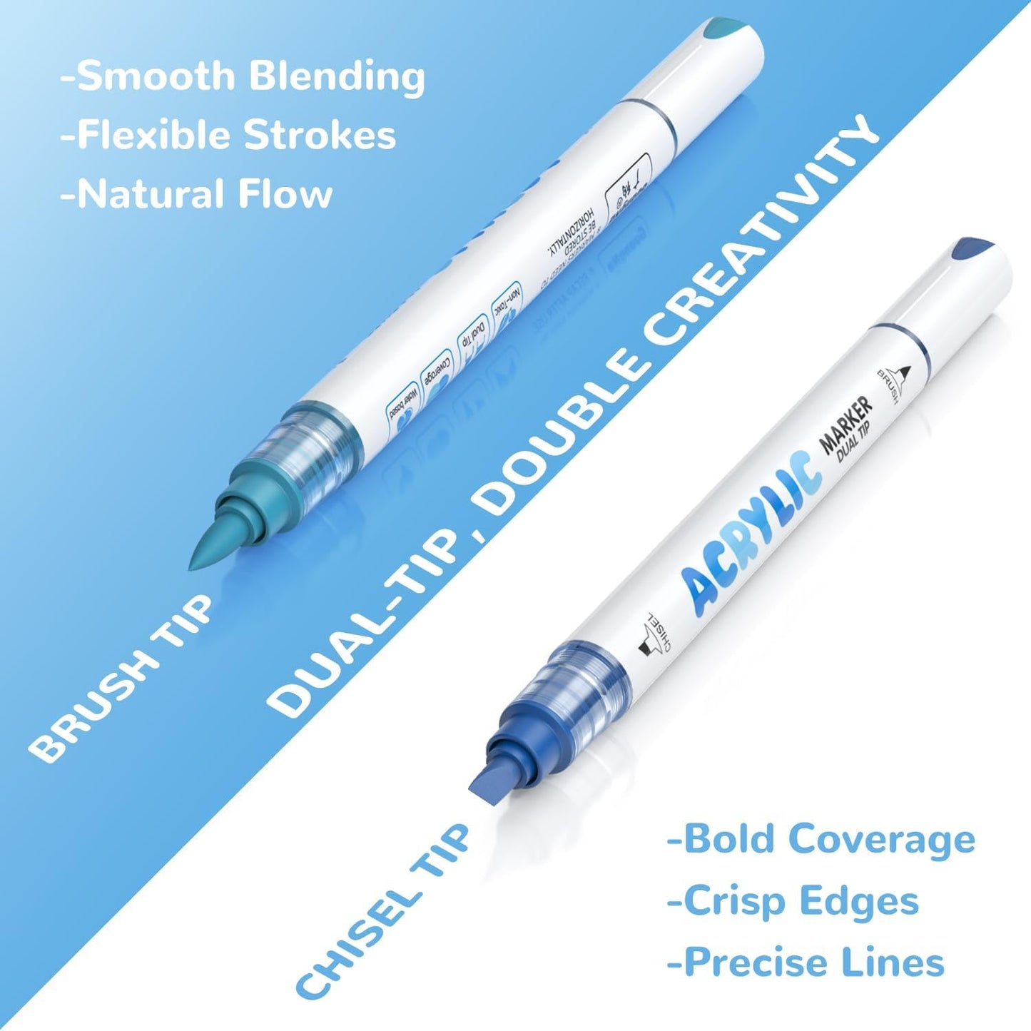 Guangna 12 Blue Dual Tip Acrylic Paint Markers, Brush Tip & Chisel Tip Acrylic Paint Pens for Rock, Wood, Glass, Paper, Coloring Book, Ceramic, Canvas, Water-Based Ink