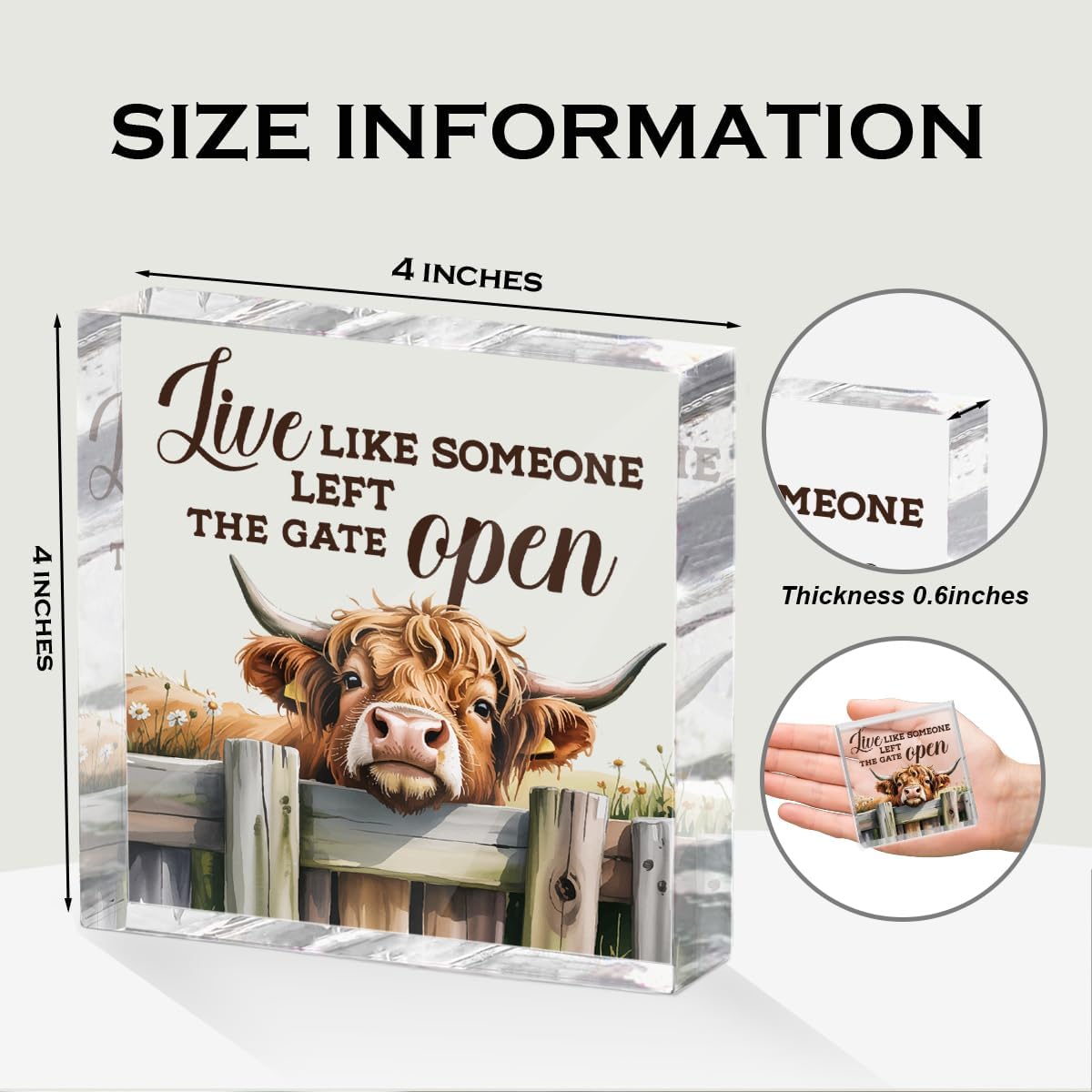 Cute Cow Decorative Signs, Rustic Western Animal Office Desk Decor Acrylic Sign 4x4 Inch, Desk Accessories Signs for Bathroom Cubicle Farmhouse Kitchen, Cow Gifts for Women Friend