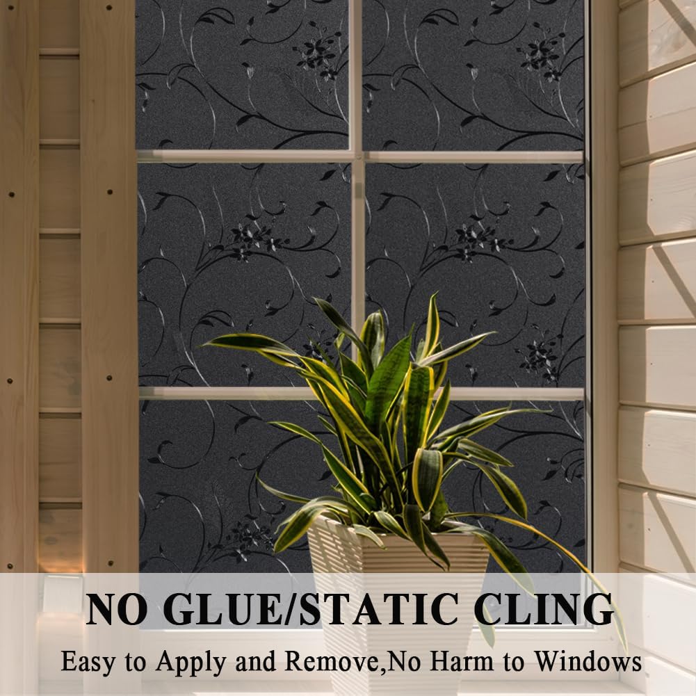 Mikomer Total Blackout Window Film,100% Light Blocking Privacy Glass Door Film Etched Flowers,Room Darkening Window Cling,No Glue/Heat Control/Anti UV for Day Sleep & High Privacy,23.6In. by 118In.