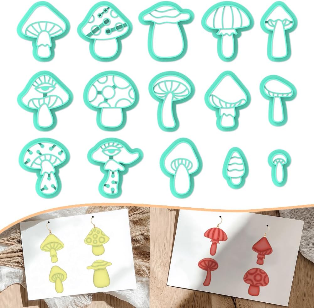 ACRNIGHEET Mushroom Clay Cutters - 15pcs 3D Clay Cutters for Polymer Clay, Clay Cutters Shapes Mushroom, Cookie Cutter, DIY Earring Making Tools with Storage Box