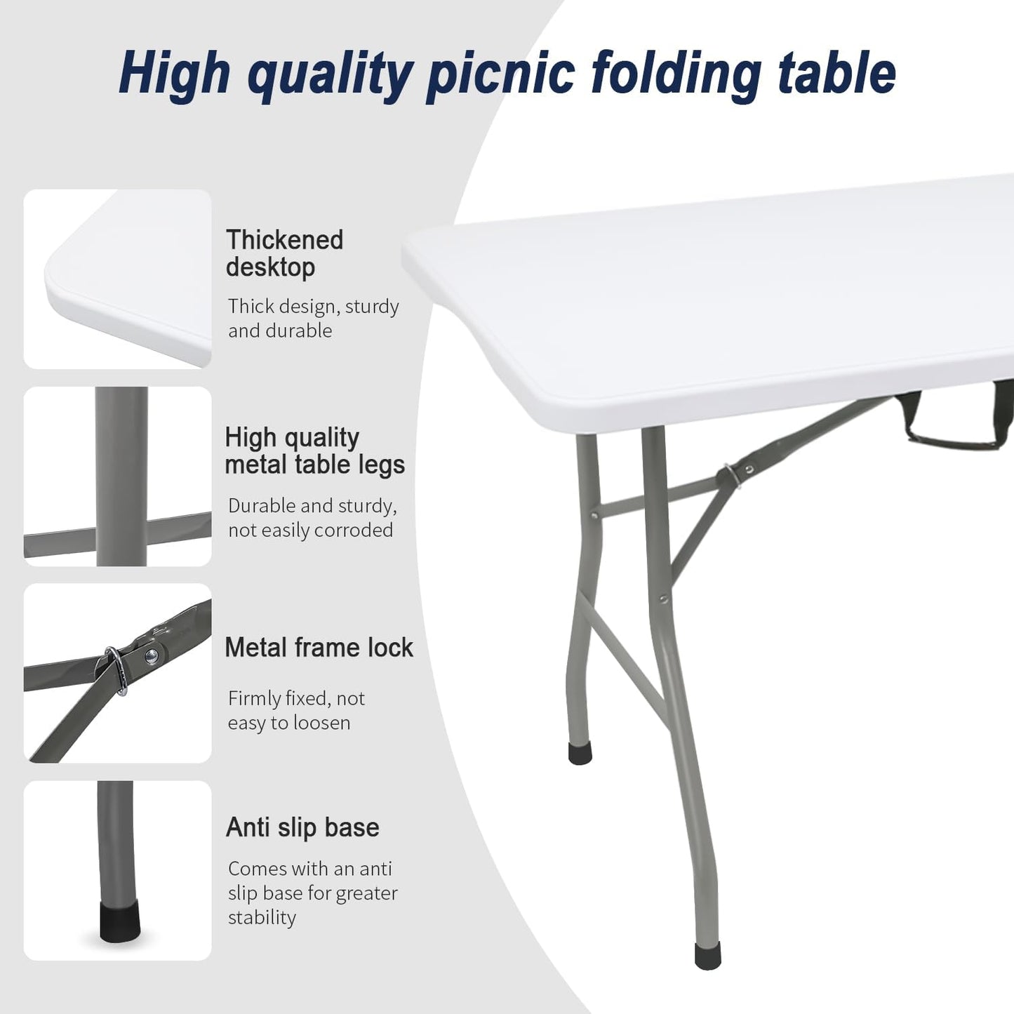 70.8" W X 29" D X 29" H - 6 ft Folding Table White Portable Heavy Duty Plastic Fold-in-Half Utility Foldable Table for Camp，Picnic & Party